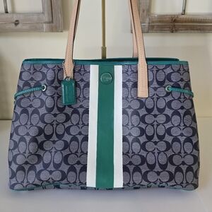 Coach Signature Stripe Large Carryall Tote-Navy Denim Look, Jade Green Stripe